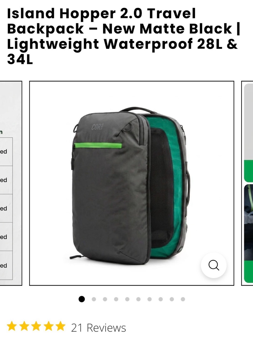 NWT Island Hopper 2.0 Travel Backpack 28L Black with Green Accent